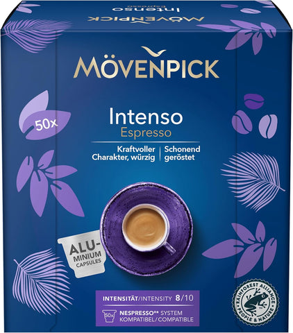 Movenpick Intenso Espresso Nespresso Compatible Aluminum capsules Intensity 8/10, Pack of 50 capsules 275g