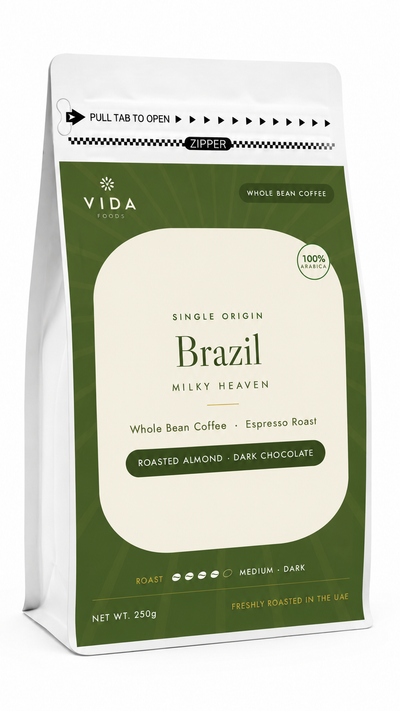 Vida Foods Brazil Milky Heaven Specialty Coffee – 85 SCA Single Origin Whole Beans for Espresso & Milk, Freshly Roasted in UAE, 250g