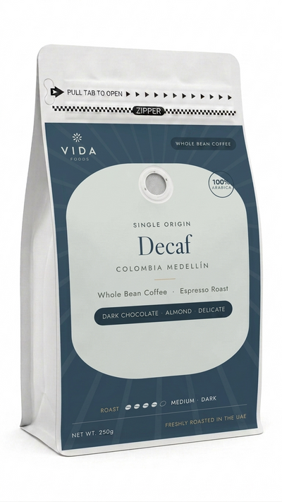 Vida Foods Decaf Colombia Medellín Specialty Coffee – 86 SCA Single Origin Whole Beans, Full Flavor Without Caffeine, Freshly Roasted in UAE, 250g