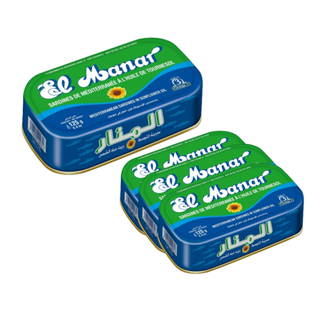 El Manar Mediterranean Sardines In Sunflower Oil 125g Each (Pack of 12)