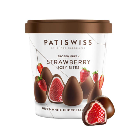 Patiswiss Frozen Fresh STRAWBERRY Icey Bites Coated in Milk and White Chocolate - 250g