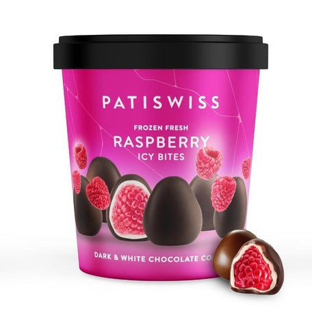 Patiswiss Frozen Fresh RASPBERRY Icey Bites Coated in Dark and White Chocolate - 250g