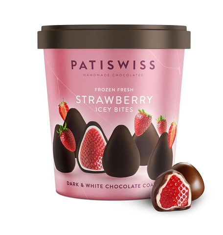 Patiswiss Frozen Fresh STRAWBERRY Icey Bites Coated in Dark and White Chocolate - 250g