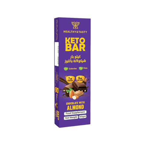 Healthy & Tasty Keto Bar Chocolate with Almond No Added Sugar, Wheat Free, 7g Protein, 238 Calories, 15g Fat, 6g Net Carbs 60gm
