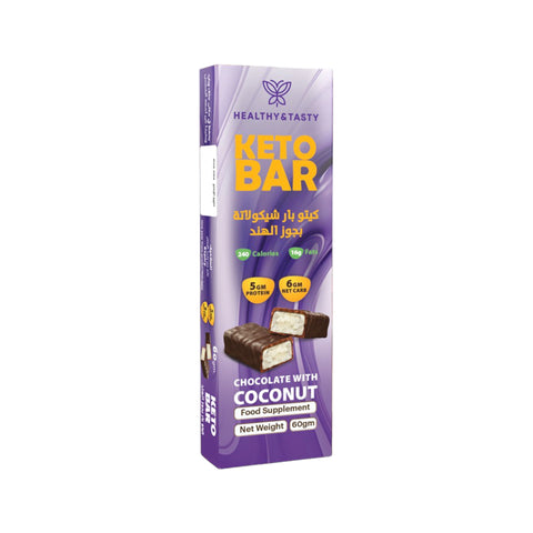 Healthy & Tasty Keto Bar Chocolate with Coconut No added sugar, wheat free, 5g protein. 240 kcal, 16g fat, 6g net carbs 60gm