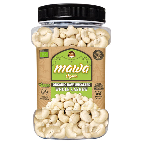 Mawa Organic Raw Unsalted Whole Cashew (Plastic Jar) 500g - QualityFood