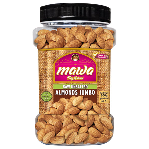 Mawa Raw Unsalted Almonds Jumbo (Plastic Jar) 500g - QualityFood