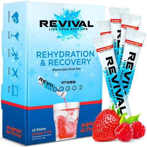 Revival Rapid Rehydration Electrolytes Powder - High Strength Vitamin C, B1, B3, B5, B12 Supplement Sachet Drink, Effervescent Electrolyte Hydration Tablets - 12 Pack Summer Fruits - QualityFood