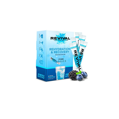 Revival Rapid Rehydration, Electrolytes Powder - High Strength Vitamin C, B1, B3, B5, B12 Supplement Sachet Drink, Effervescent Electrolyte Hydration Tablets - 30 Pack Tropical Berry - QualityFood