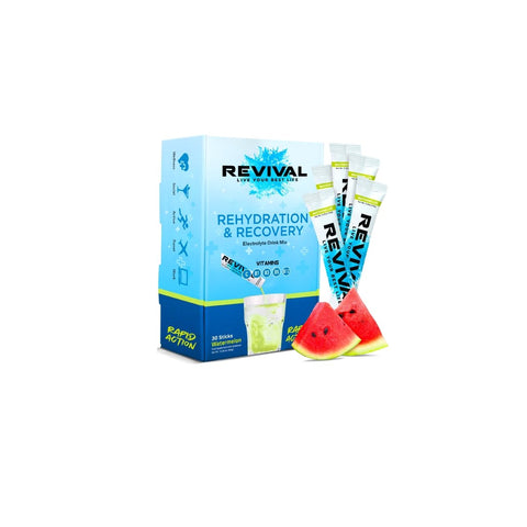 Revival Rapid Rehydration, Electrolytes Powder - High Strength Vitamin C, B1, B3, B5, B12 Supplement Sachet Drink, Effervescent Electrolyte Hydration Tablets - 30 Pack Watermelon - QualityFood
