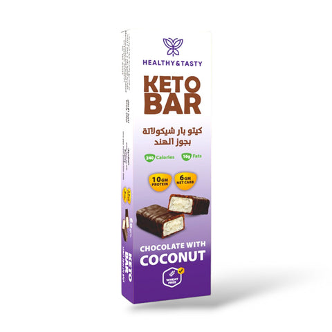 Healthy & Tasty Keto Bar Coconut with Chocolate No Added Sugar, Wheat Free, 10g Protein 240 KCal 16g Fats 6g Net Carb, 60gm