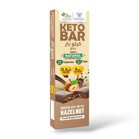 Healthy & Tasty Keto Bar Hazelnut with Chocolate 60gm 100% Natural No Preservatives, 12.9g Protein 241 KCal 13.3g Fats 6g Net Carb, 60gm