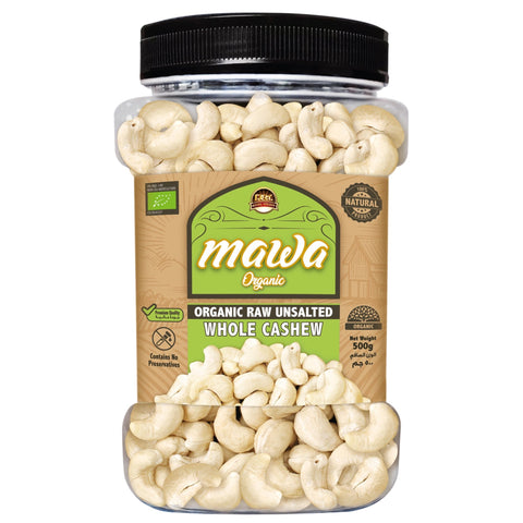 Mawa Organic Raw Unsalted Whole Cashew (Plastic Jar) 500g - QualityFood