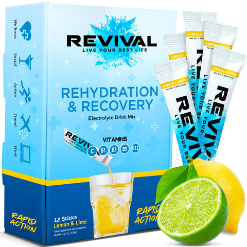 Revival Rapid Rehydration Electrolytes Powder - High Strength Vitamin C, B1, B3, B5, B12 Supplement Sachet Drink, Effervescent Electrolyte Hydration Tablets - 12 Pack Lime & Lemon - QualityFood