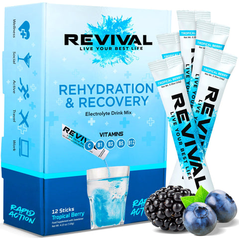 Revival Rapid Rehydration Electrolytes Powder - High Strength Vitamin C, B1, B3, B5, B12 Supplement Sachet Drink, Effervescent Electrolyte Hydration Tablets - 12 Pack Tropical Berry - QualityFood