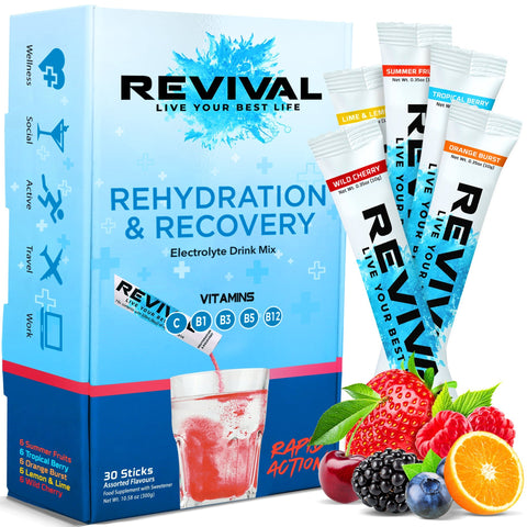 Revival Rapid Rehydration Electrolytes Powder - High Strength Vitamin C, B1, B3, B5, B12 Supplement Sachet Drink, Effervescent Electrolyte Hydration Tablets - 30 Pack Assorted Flavours - QualityFood