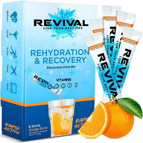 Revival Rapid Rehydration, Electrolytes Powder - High Strength Vitamin C, B1, B3, B5, B12 Supplement Sachet Drink, Effervescent Electrolyte Hydration Tablets - 6 Pack Orange Burst - QualityFood