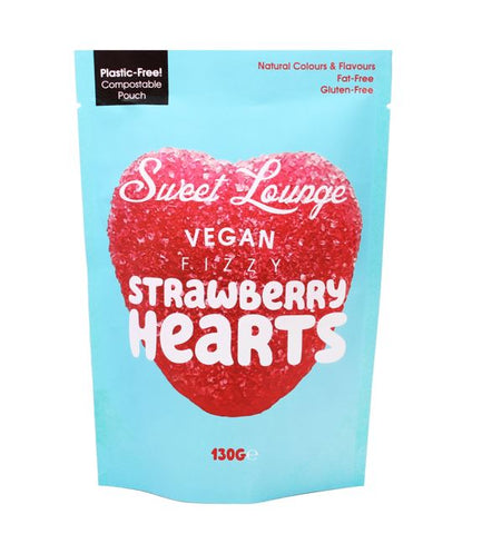 Sweet Lounge Vegan Fizzy Strawberry Hearts Pouch 130g - QualityFood