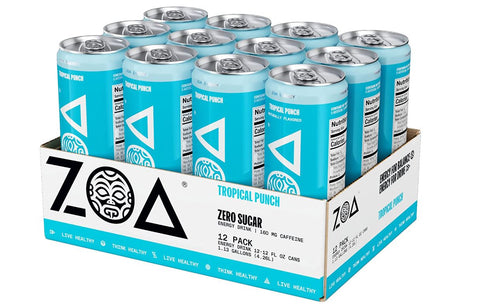 ZOA Zero Sugar Energy Drinks, Tropical Punch - Healthy B-Vitamins, Vitamin C, 210mg of Natural Caffeine - 16 Ounce (Pack of 12) - QualityFood